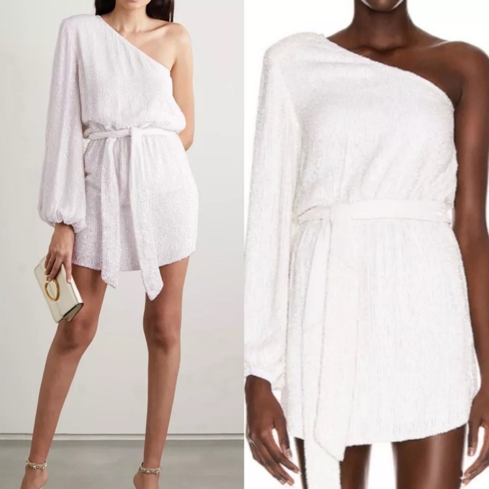 RETROFÊTE Bridgette one-shoulder velvet-trimmed sequined chiffon mini dress SZ S - Picture 2 of 6